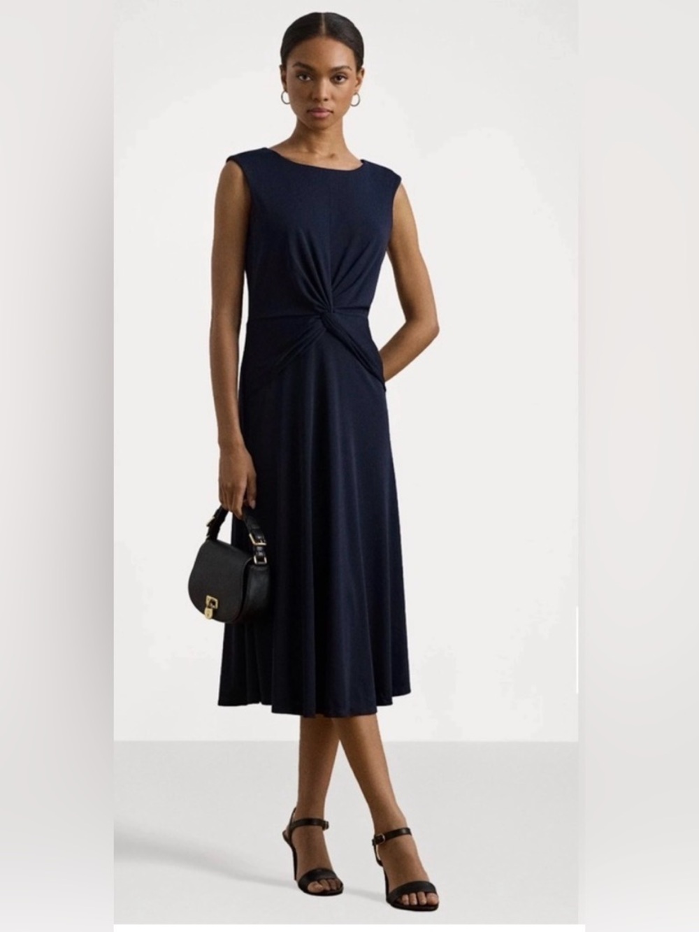 LAUREN by Ralph Lauren Sleeveless Navy Jersey Twist-Front Midi Dress
